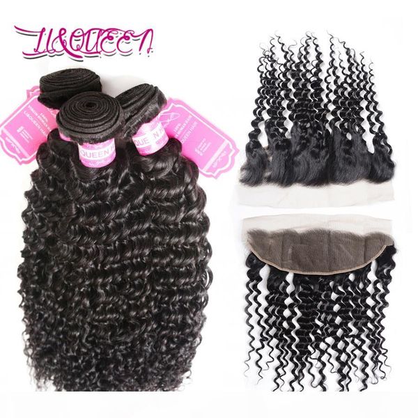 human hair extensions weft malaysian deep wave curly 3 bundles with 13 x 4 lace frontal hair weaves hair bundles with frontal 4 pieces lot, Black;brown